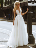 A-Line V-Neck Tulle Sleeveless Train Wedding Dress - Chloe Dress