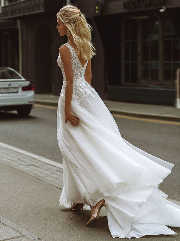 A-Line V-Neck Tulle Sleeveless Train Wedding Dress - Chloe Dress