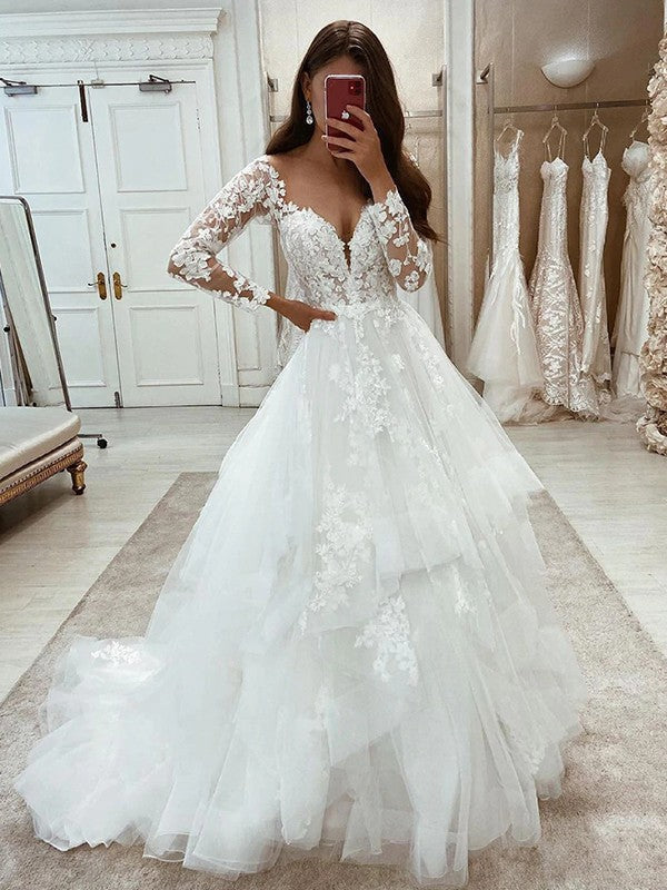A-Line V-Neck Tulle Long Sleeve Train Wedding Dress - Chloe Dress