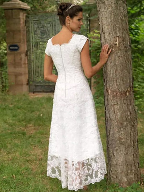 A-Line Lace Short Sleeve Asymmetric Mini Wedding Dress - Chloe Dress