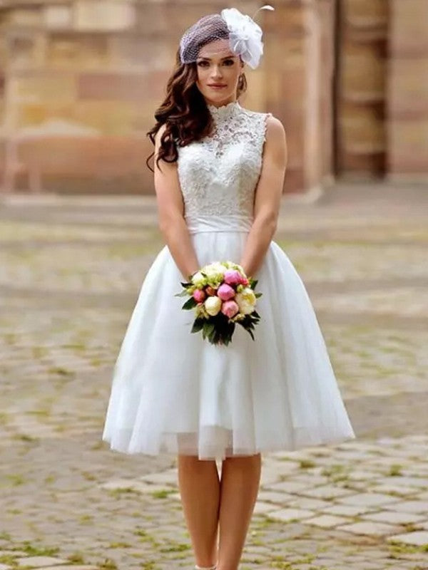 A-Line High Neck Tulle Sleeveless Knee-Length Wedding Dress - Chloe Dress