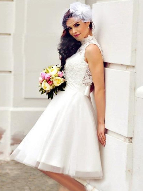 A-Line High Neck Tulle Sleeveless Knee-Length Wedding Dress - Chloe Dress