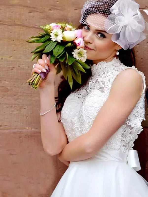 A-Line High Neck Tulle Sleeveless Knee-Length Wedding Dress - Chloe Dress