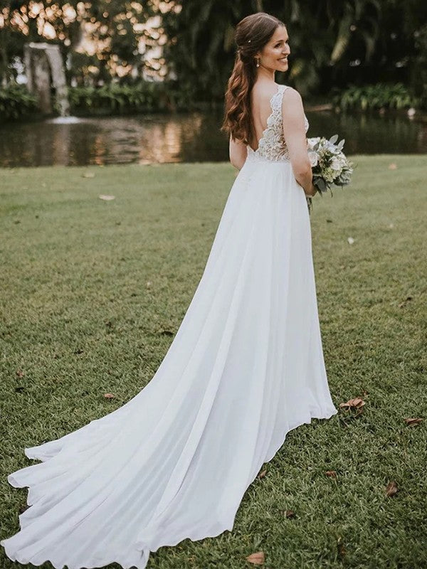 A-Line V-Neck Chiffon Sleeveless Train Wedding Dress - Chloe Dress