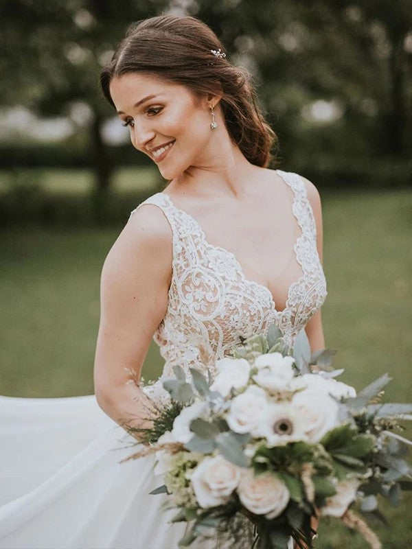 A-Line V-Neck Chiffon Sleeveless Train Wedding Dress - Chloe Dress