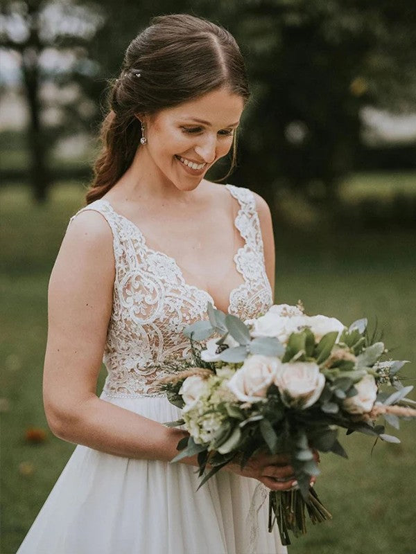 A-Line V-Neck Chiffon Sleeveless Train Wedding Dress - Chloe Dress
