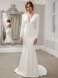 Sheath V-Neck Crepe Long Sleeve Ruffled Wedding Dress - Chloe Dress
