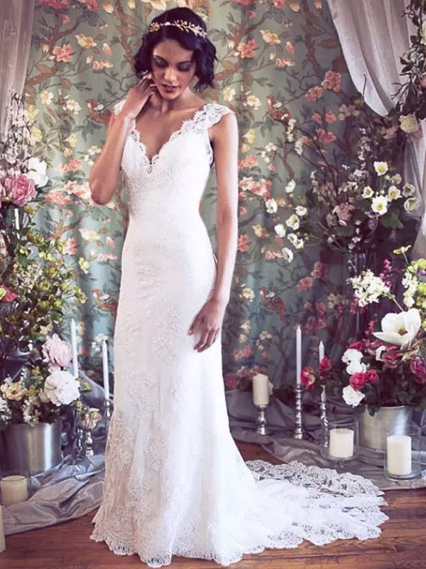 Sheath V-Neck Tulle Sleeveless Train Wedding Dress - Chloe Dress
