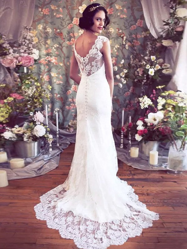 Sheath V-Neck Tulle Sleeveless Train Wedding Dress - Chloe Dress