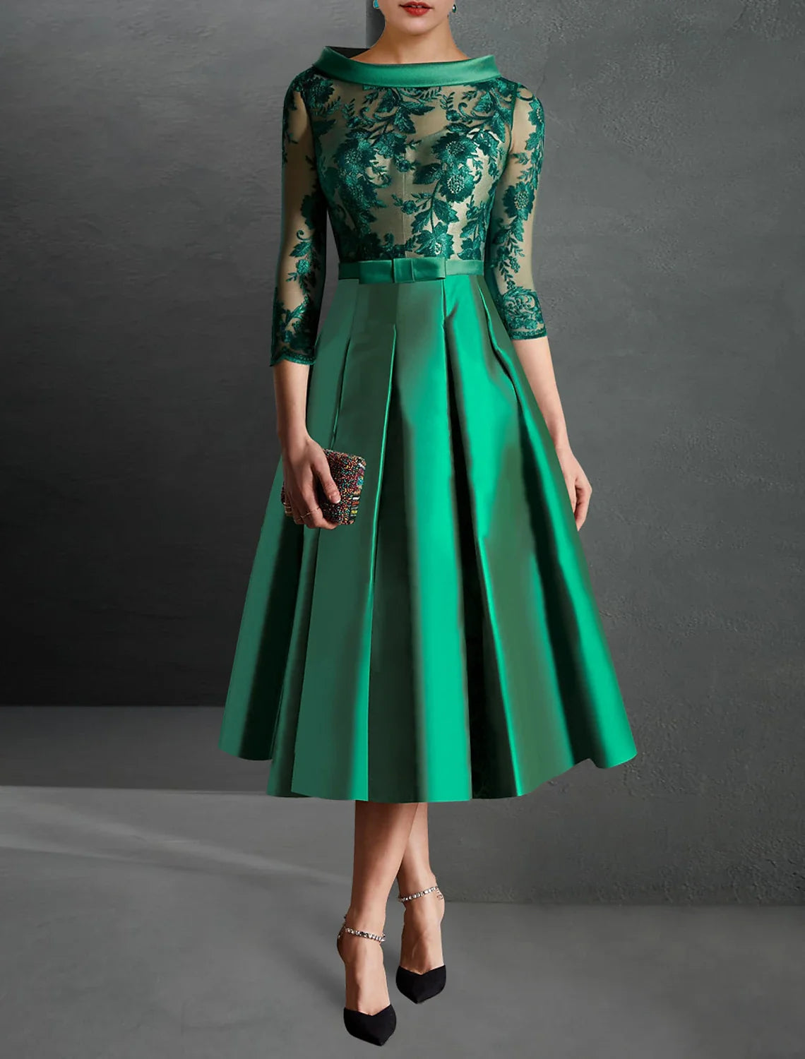 Green A-Line Satin Three-Quarter Sleeve Pleated Tea-Length Wedding Dress - Chloe Dress