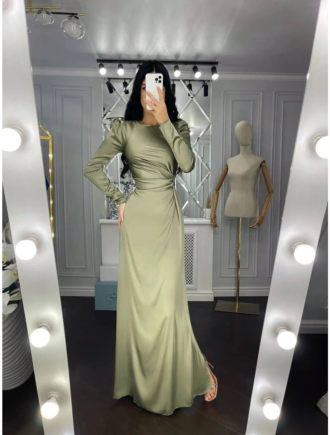 Sheath High Neck Satin Long Sleeve Floor-Length Evening Gown - Chloe Dress