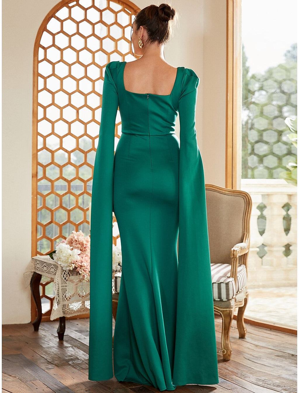 Sheath Square Neck Long Sleeve Pleated Floor-Length Evening Gown - Chloe Dress