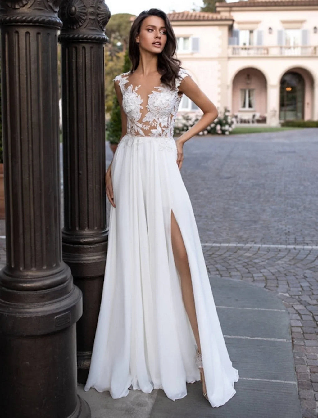 A-Line Illusion Chiffon Cap Sleeve Open Back Train Wedding Gown - Chloe Dress