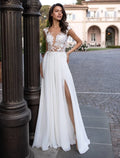 A-Line Illusion Chiffon Cap Sleeve Open Back Train Wedding Gown - Chloe Dress