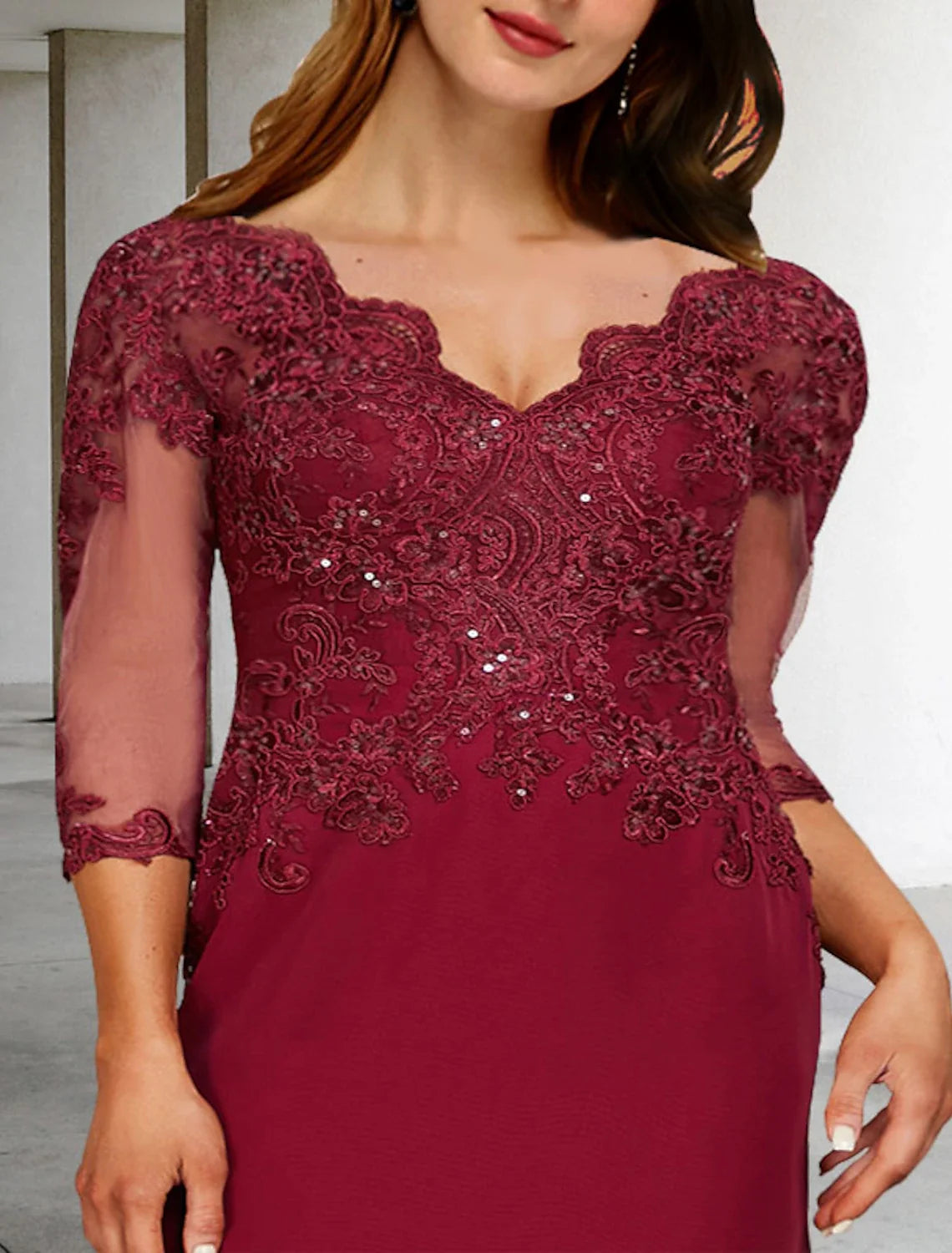 A-Line V-Neck Chiffon Three-Quarter Sleeve High Slit Formal Dress - Chloe Dress