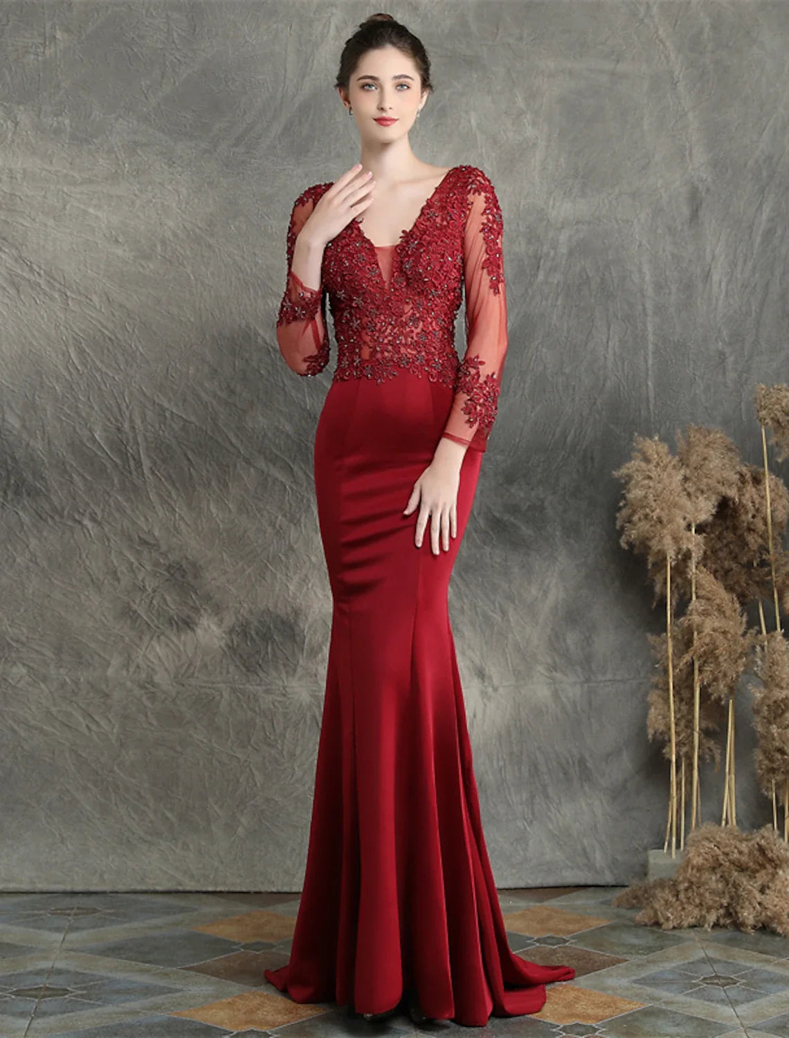Mermaid V-Neck Cotton Long Sleeve Train Prom Dress - Chloe Dress