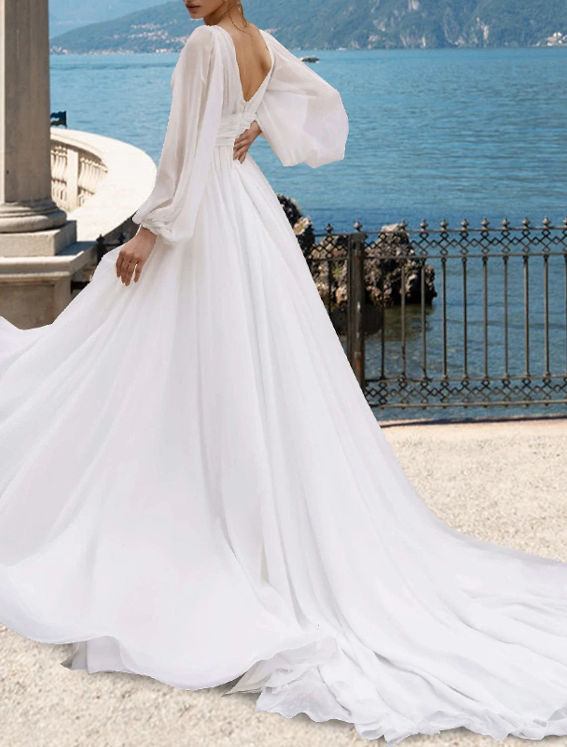 A-Line V-Neck Chiffon Long Sleeve Pleated Wedding Gown - Chloe Dress