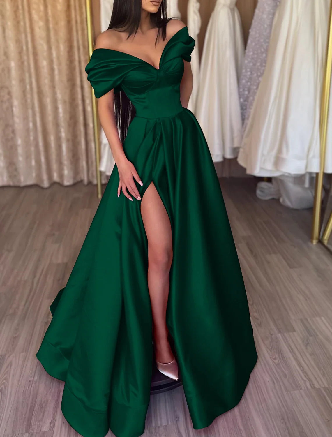 A-Line Off-Shoulder Satin Short Sleeve High Slit Floor-Length Evening Gown - Chloe Dress