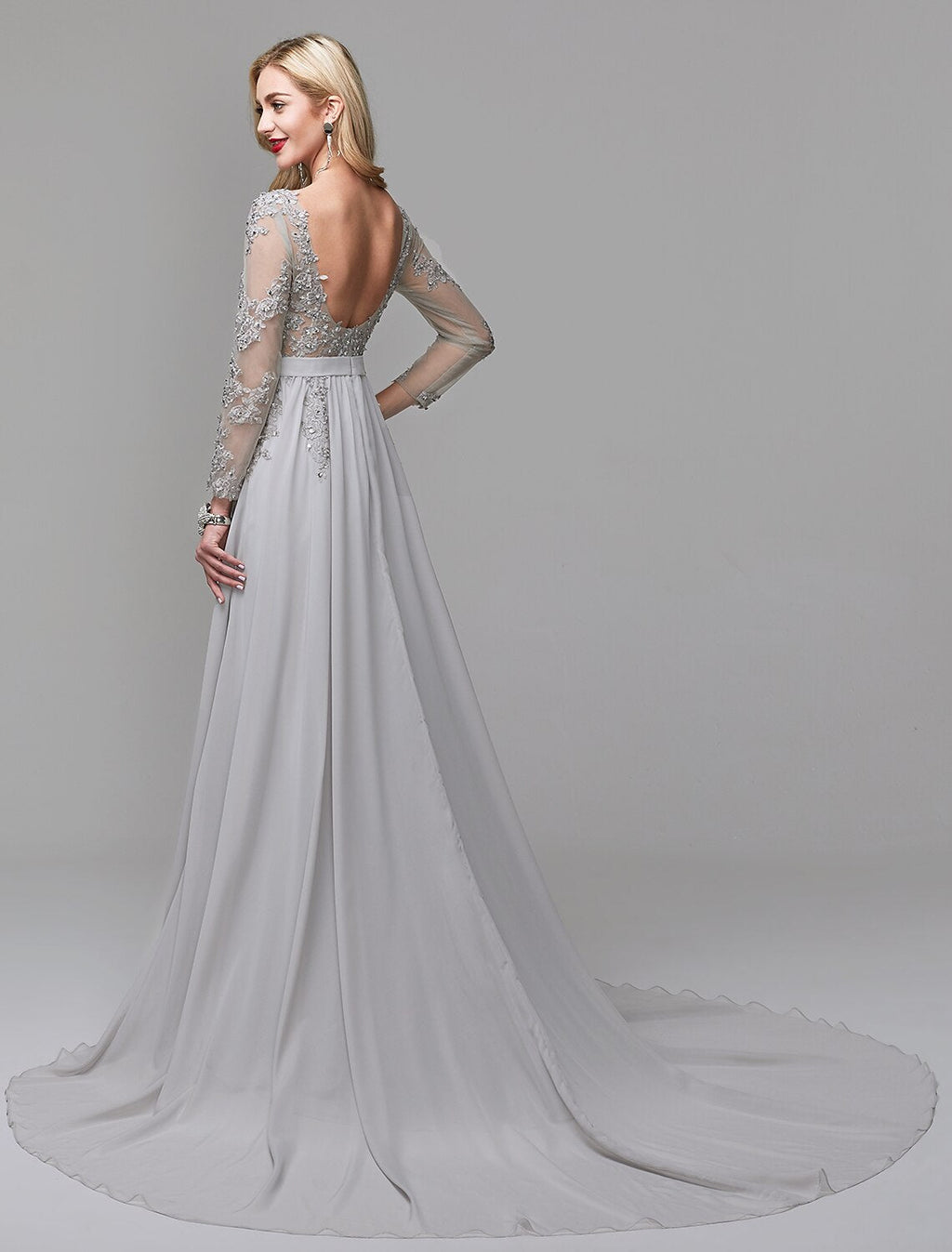 A-Line Illusion Chiffon Long Sleeve Open Back Train Evening Dress - Chloe Dress