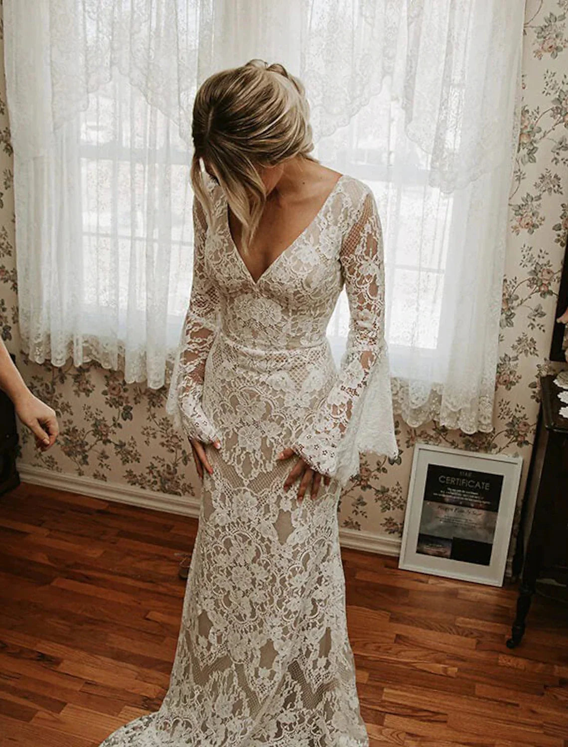 Mermaid V-Neck Lace Long Sleeve Train Wedding Gown - Chloe Dress