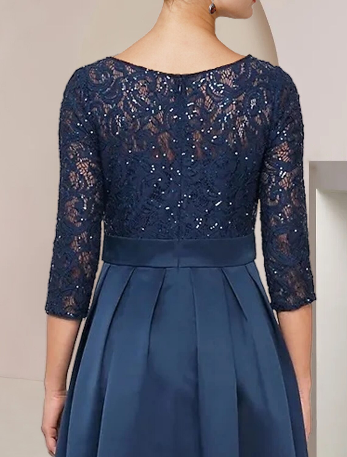 A-Line High Neck Lace Three-Quarter Sleeve Pleated Tea-Length Wedding Dress - Chloe Dress