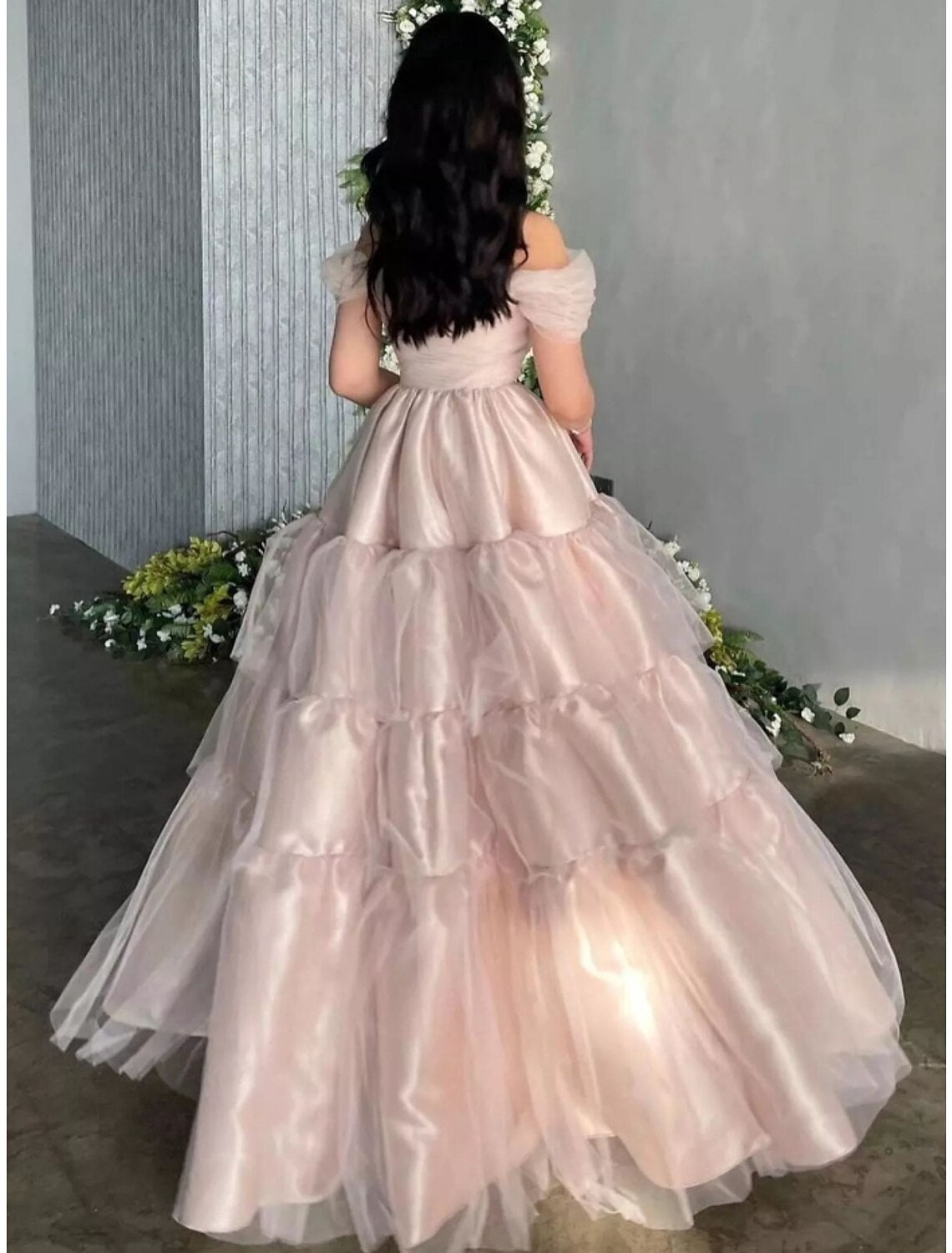 A-Line Off-Shoulder Satin Short Sleeve Pleated Floor-Length Evening Gown - Chloe Dress