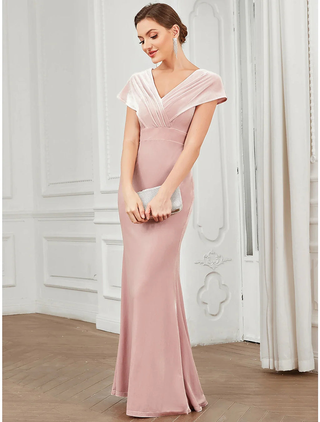 Mermaid V-Neck Velvet Short Sleeve Ruffled Floor-Length Evening Gown - Chloe Dress