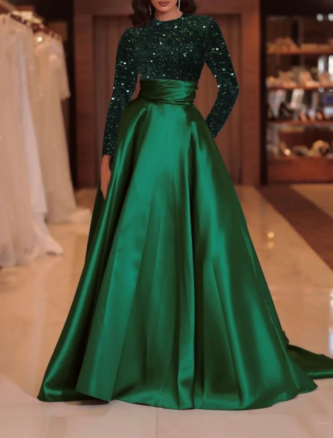 Green A-Line High Neck Satin Long Sleeve Train Evening Gown - Chloe Dress