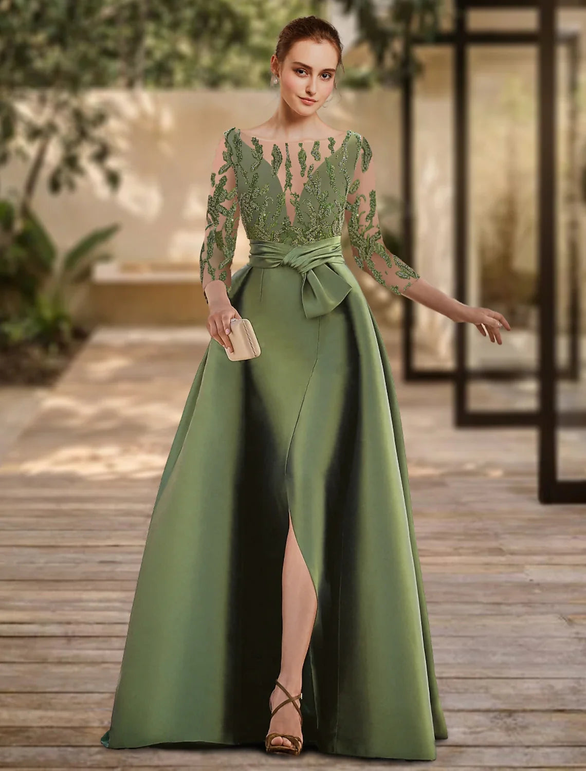 A-Line Lace Three-Quarter Sleeve Open Back High Slit Floor-Length Evening Gown - Chloe Dress