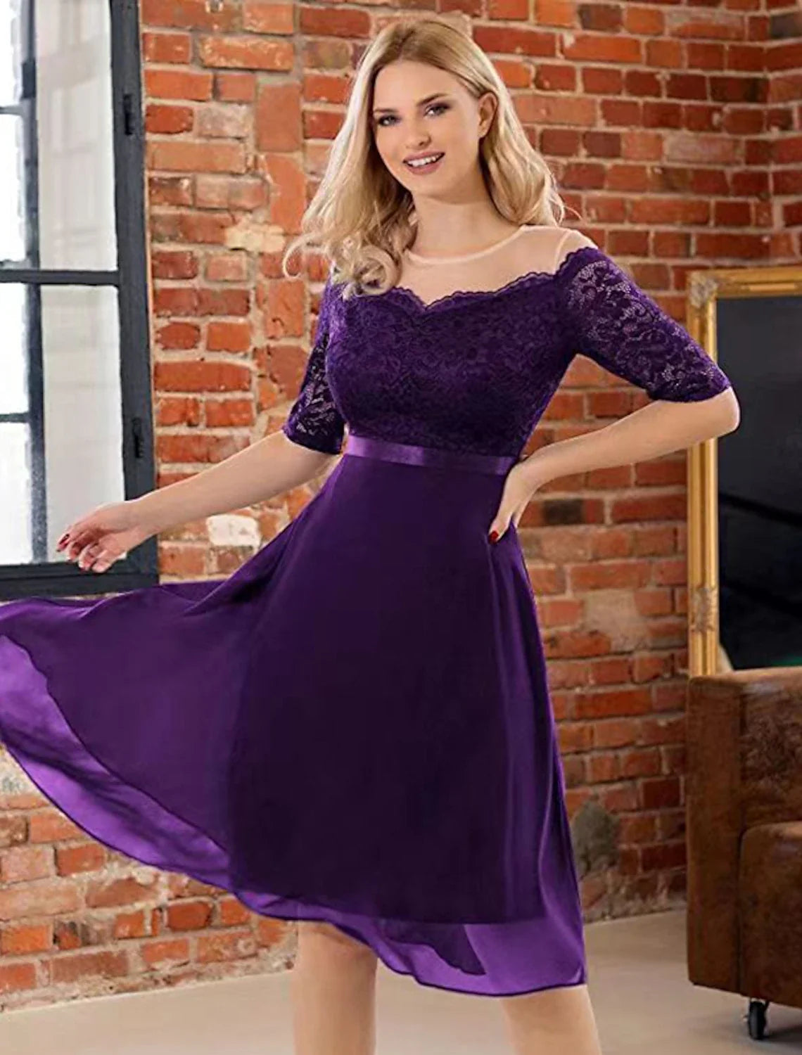 A-Line Lace Pleated Knee-Length Wedding Dress - Chloe Dress