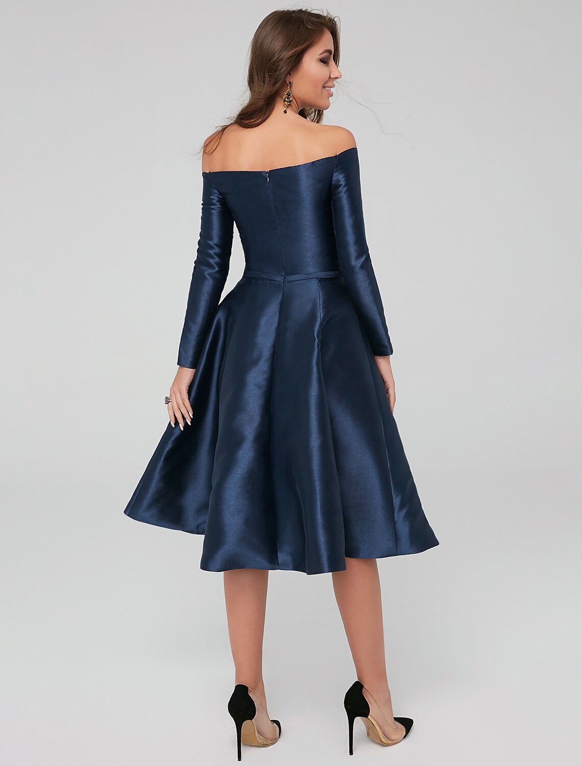 A-Line Off-Shoulder Satin Long Sleeve Pleated Knee-Length Wedding Dress - Chloe Dress