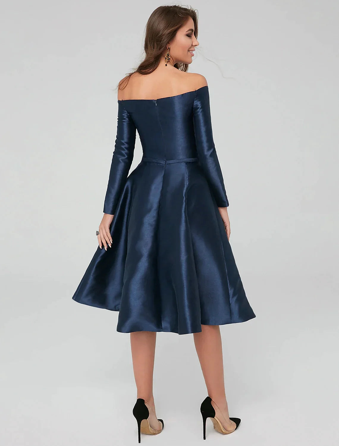 A-Line Off-Shoulder Satin Long Sleeve Pleated Knee-Length Wedding Dress - Chloe Dress