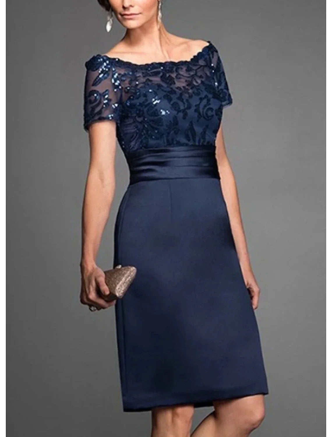 Sheath Off-Shoulder Chiffon Short Sleeve Mini Wedding Dress - Chloe Dress