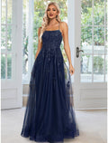 A-Line Spaghetti Strap Tulle Sleeveless Applique Floor-Length Evening Gown - Chloe Dress