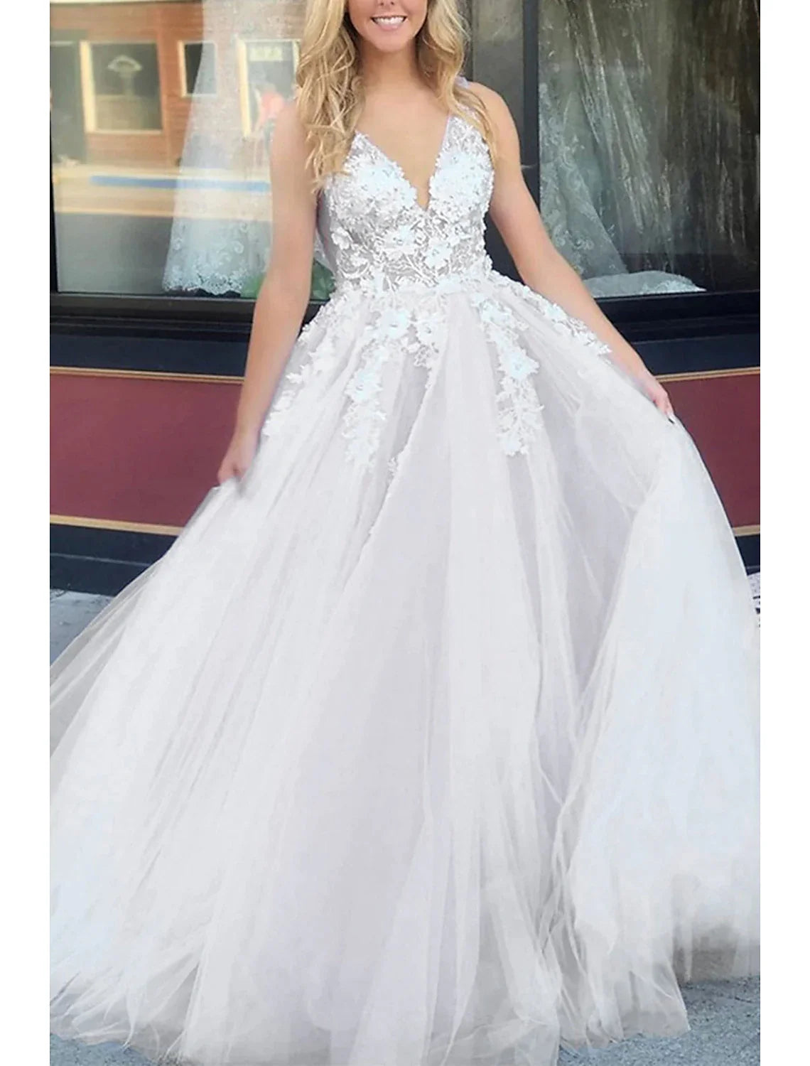 A-Line V-Neck Tulle Sleeveless Backless Applique Floor-Length Prom Gown - Chloe Dress