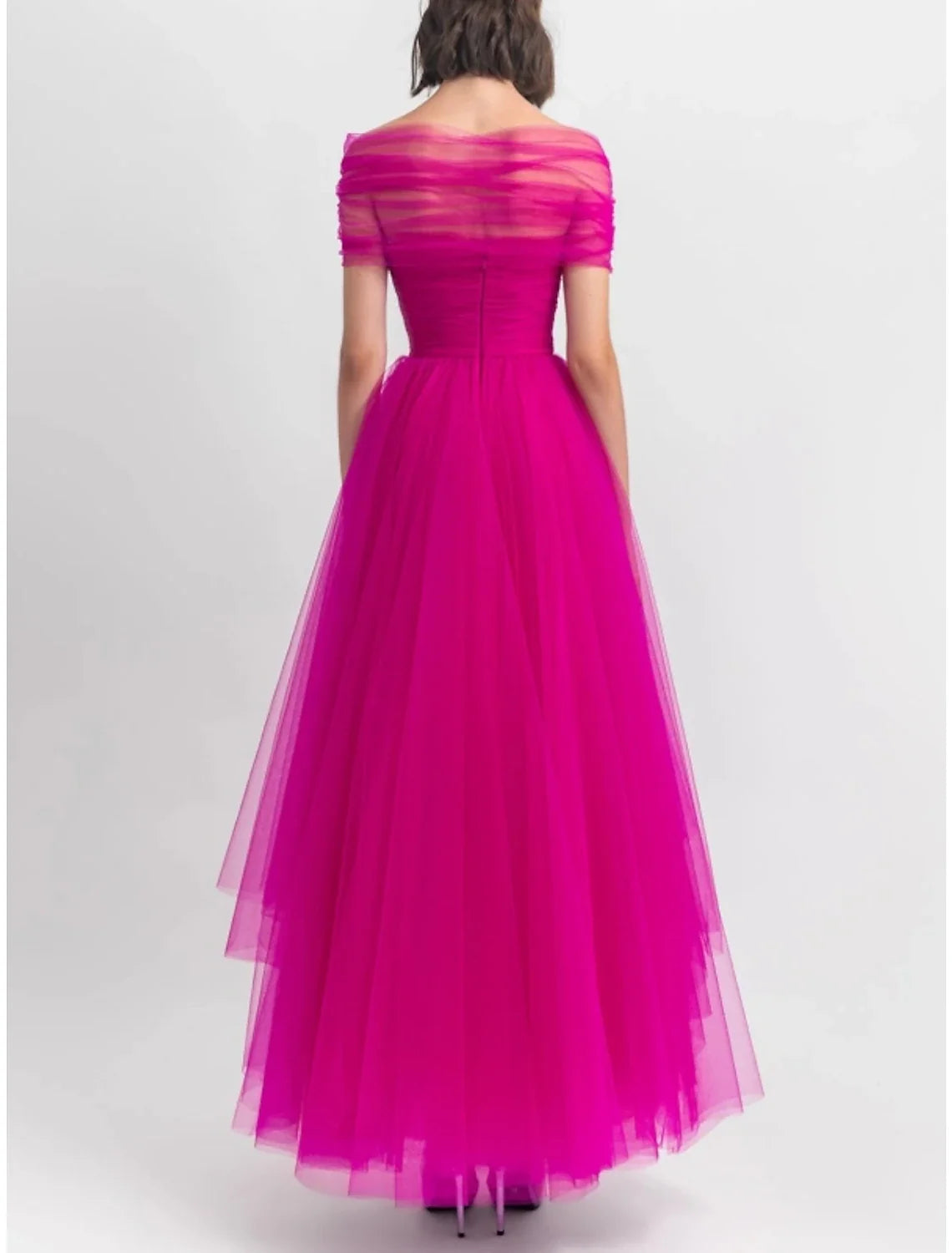A-Line Off-Shoulder Tulle Short Sleeve Pleated Mini Evening Gown - Chloe Dress