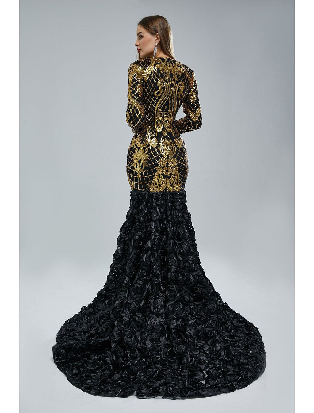 Mermaid V-Neck Sequin Long Sleeve Train Evening Gown - Chloe Dress