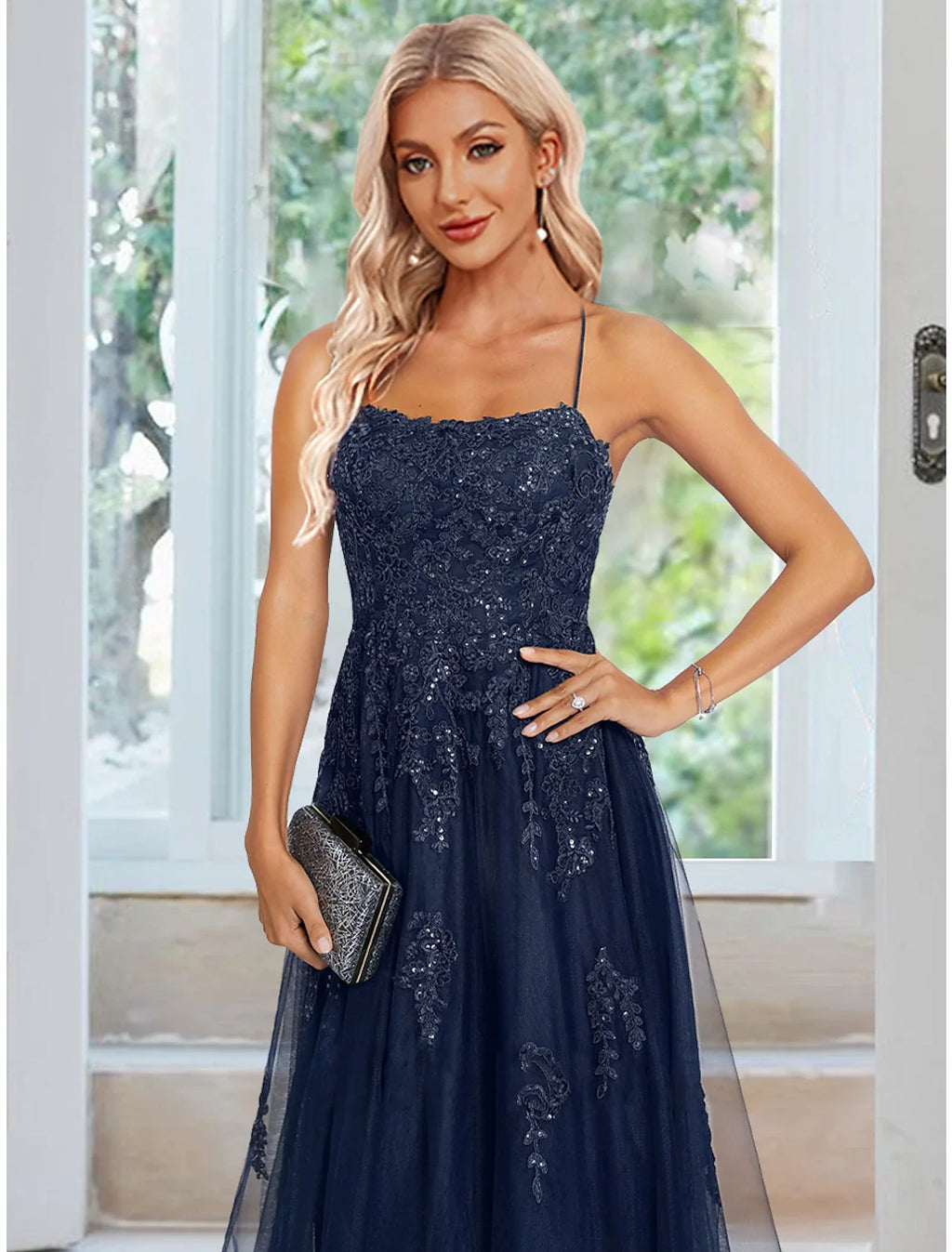 A-Line Spaghetti Strap Tulle Sleeveless Applique Floor-Length Evening Gown - Chloe Dress