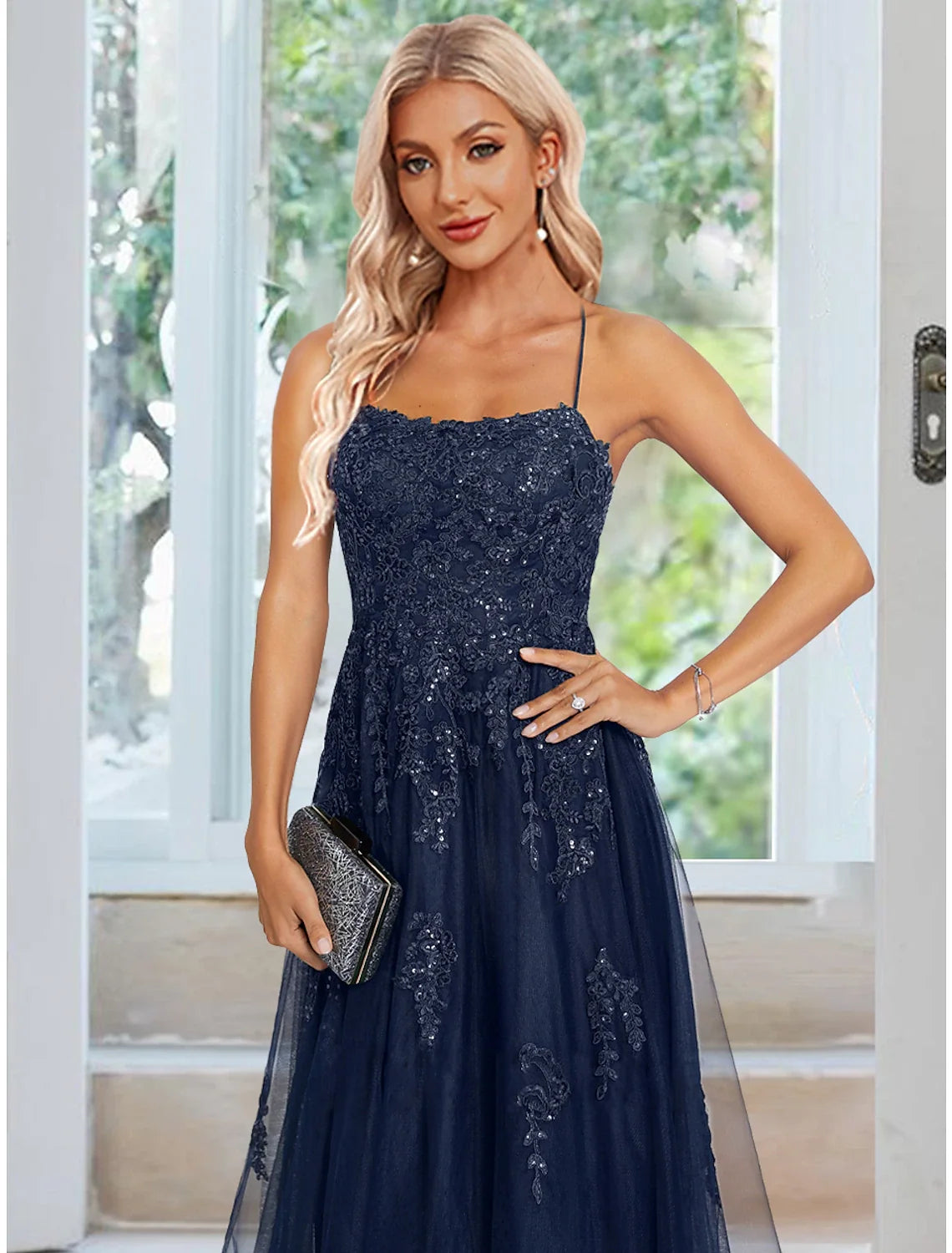 A-Line Spaghetti Strap Tulle Sleeveless Applique Floor-Length Evening Gown - Chloe Dress
