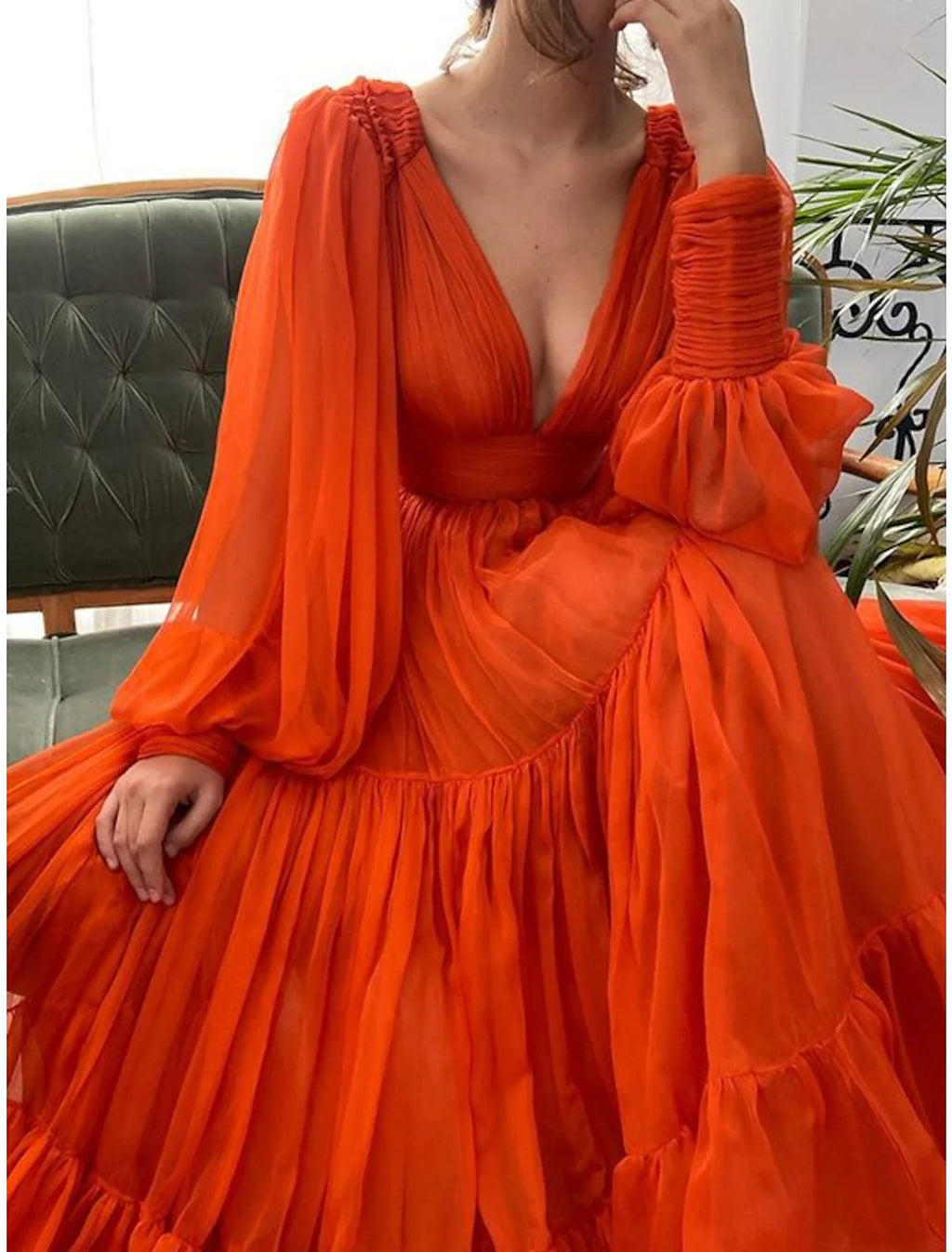 Green A-Line V-Neck Chiffon Long Sleeve Floor-Length Evening Gown - Chloe Dress