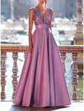 A-Line V-Neck Satin Sleeveless Pleated Floor-Length Evening Gown - Chloe Dress
