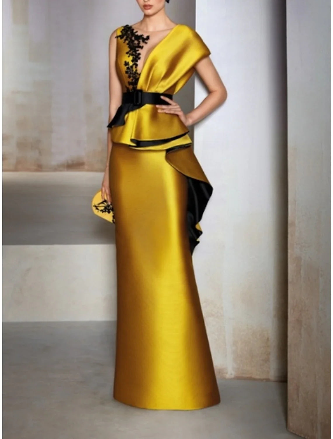 Champagne Sheath V-Neck Satin Short Sleeve Ruffled Floor-Length Evening Gown - Chloe Dress