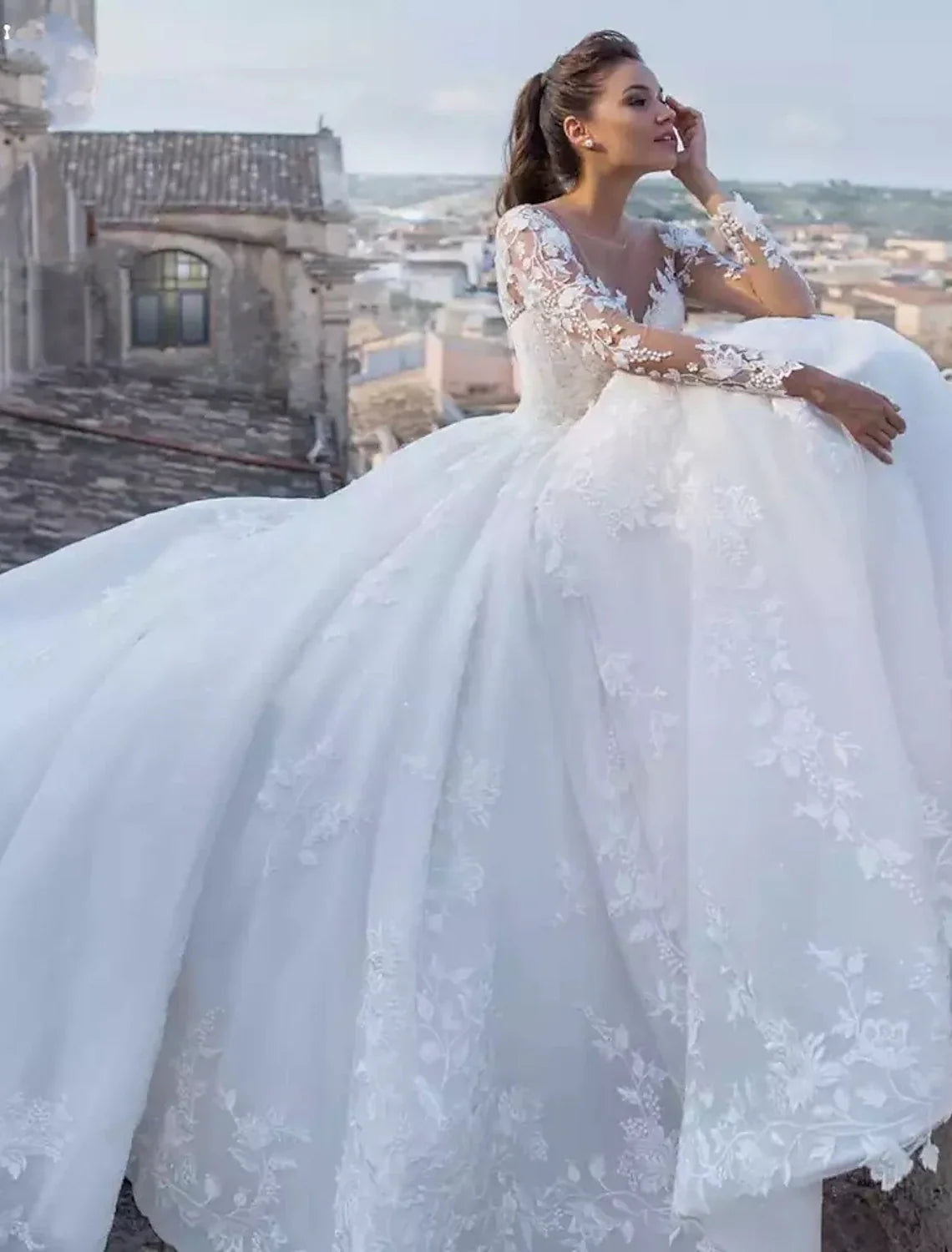 Ball Gown V-Neck Lace Long Sleeve Train Wedding Gown - Chloe Dress