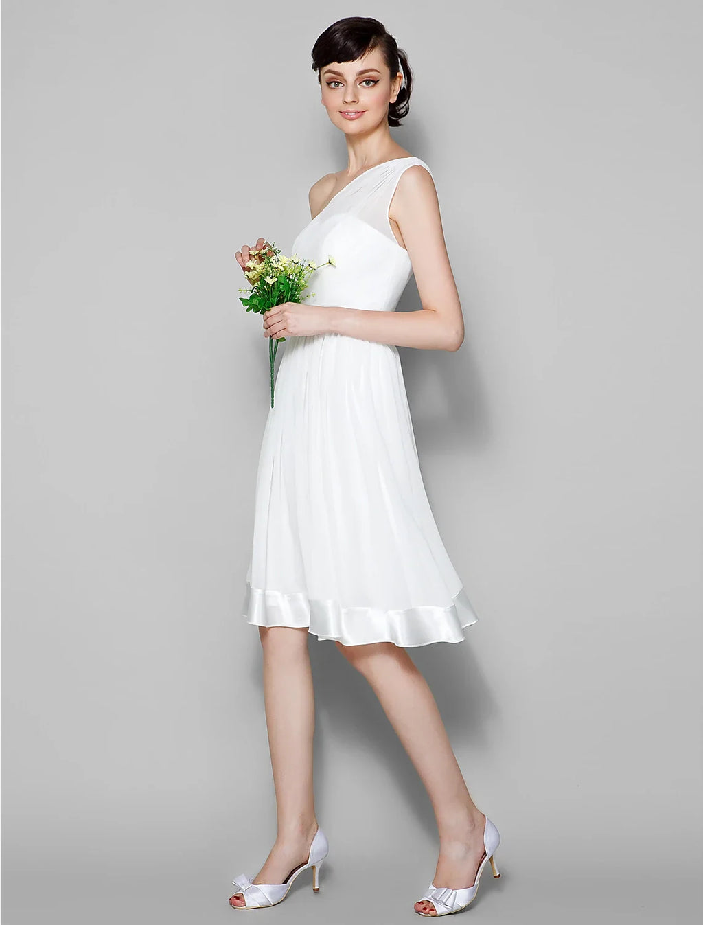 White One‑Shoulder Satin Trim Knee‑Length Chiffon Bridesmaid Dresses