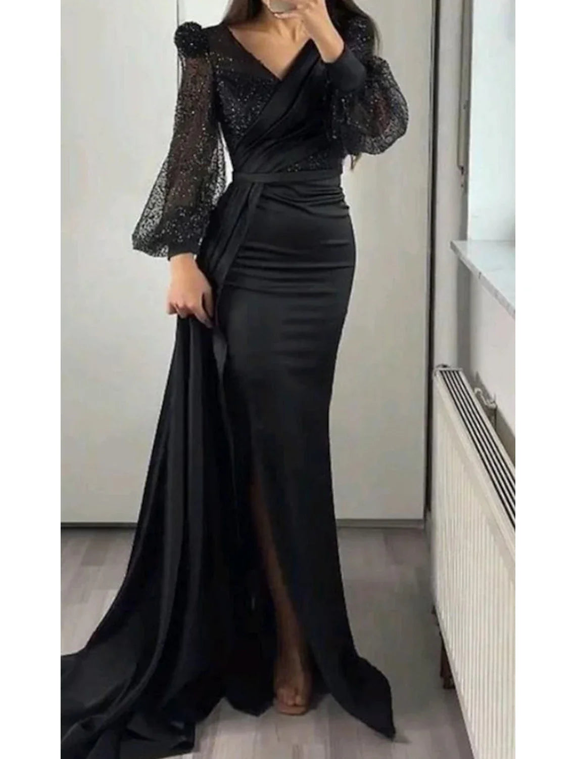 Mermaid V-Neck Sequin Long Sleeve High Slit Evening Gown - Chloe Dress