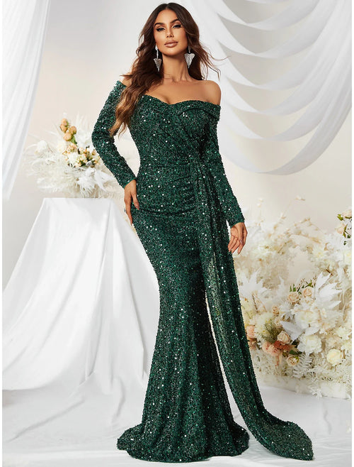Mermaid Off-Shoulder Sequin Long Sleeve Train Evening Gown - Chloe Dress