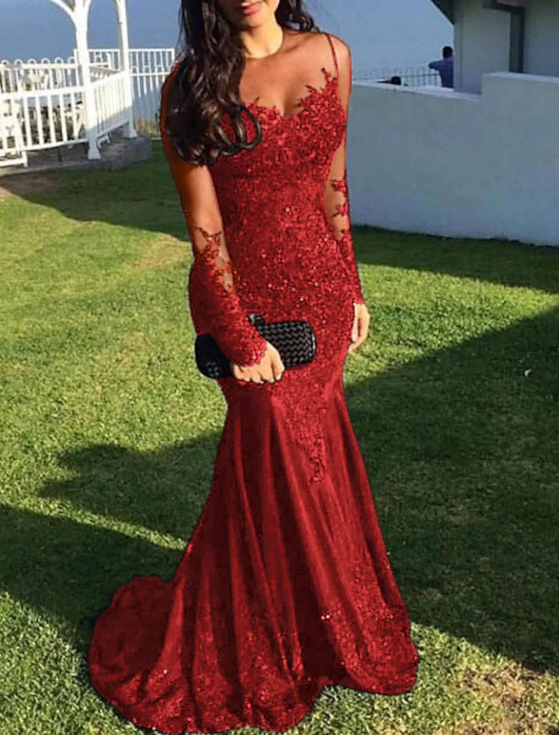 Black Mermaid Illusion Lace Long Sleeve Train Evening Gown - Chloe Dress