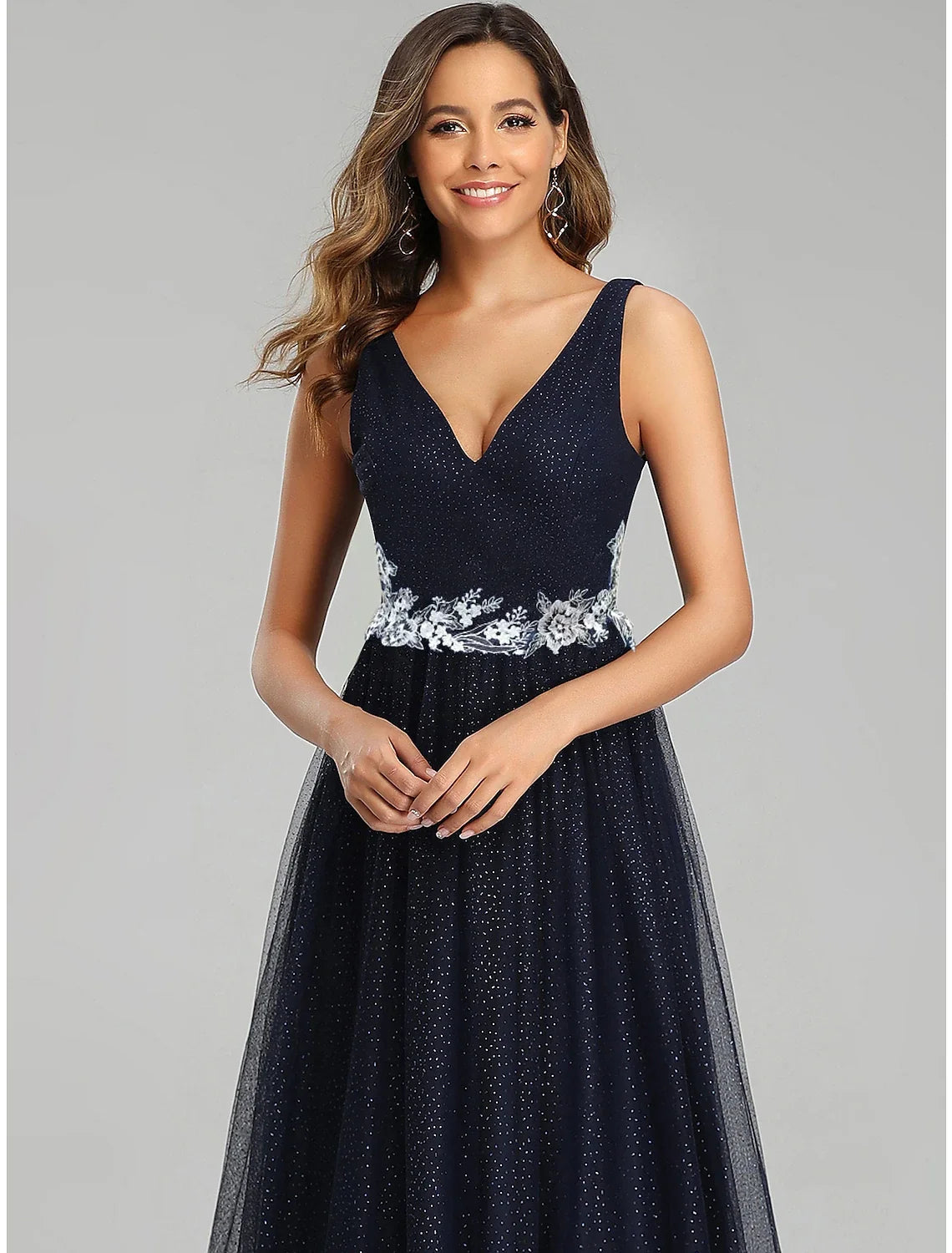 A-Line V-Neck Tulle Sleeveless Applique Floor-Length Prom Dress - Chloe Dress