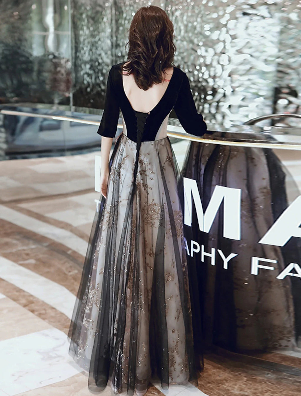A-Line Illusion Sequin Applique Floor-Length Evening Dress - Chloe Dress