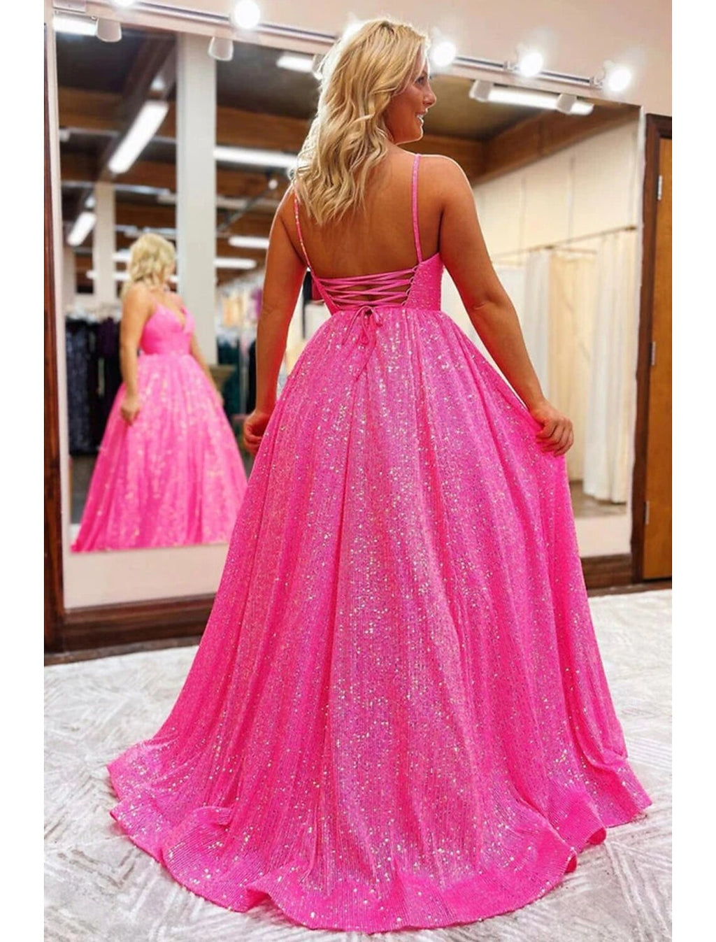 A-Line V-Neck Sequin Sleeveless Backless Pleated Prom Dress - Chloe Dress